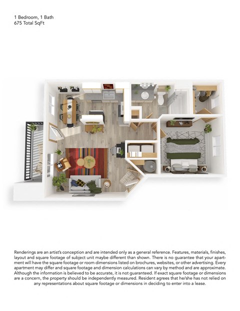 Floor plan for 1 bed, 1 bath, 675 sqft